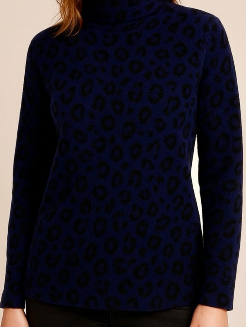 Kinross Cashmere Navy Animal Print Pullover Turtleneck Sweater